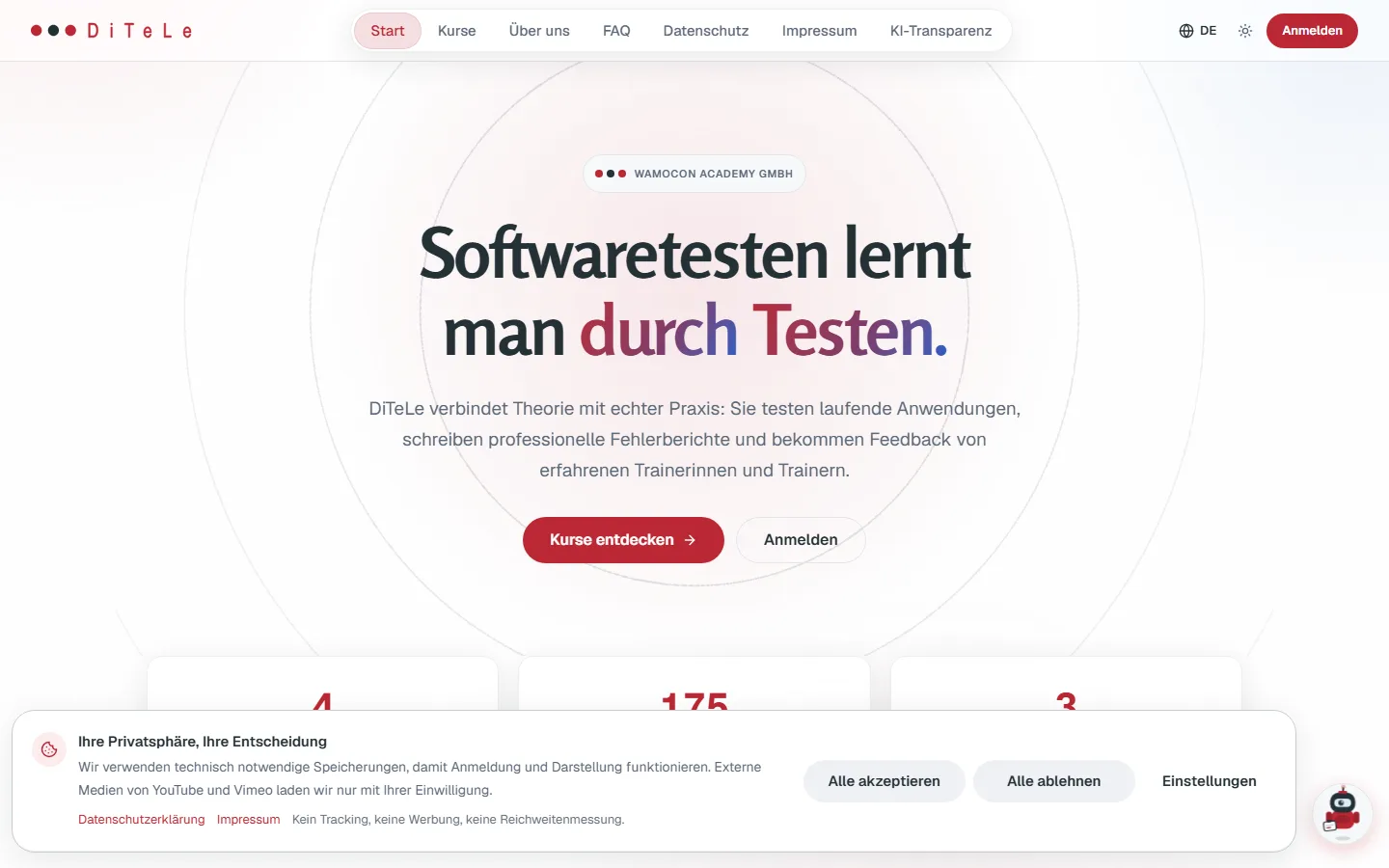 Screenshot des Systems DiTeLe, gebaut für WAMOCON Academy GmbH